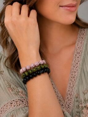(NWOT) Boho Pink/Green/Black Beaded Stretch Bracelets, Set of 3